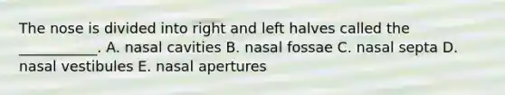 The nose is divided into right and left halves called the ___________. A. nasal cavities B. nasal fossae C. nasal septa D. nasal vestibules E. nasal apertures