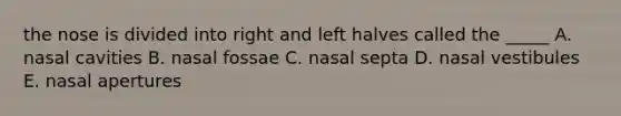 the nose is divided into right and left halves called the _____ A. nasal cavities B. nasal fossae C. nasal septa D. nasal vestibules E. nasal apertures