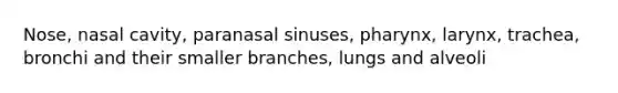 Nose, nasal cavity, paranasal sinuses, pharynx, larynx, trachea, bronchi and their smaller branches, lungs and alveoli