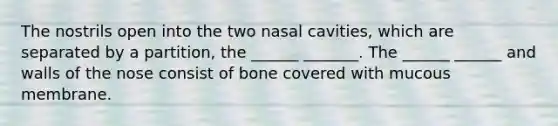 The nostrils open into the two nasal cavities, which are separated by a partition, the ______ _______. The ______ ______ and walls of the nose consist of bone covered with mucous membrane.