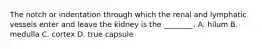 The notch or indentation through which the renal and lymphatic vessels enter and leave the kidney is the​ ________. A. hilum B. medulla C. cortex D. true capsule