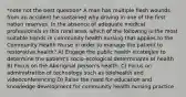 *note not the best question* A man has multiple flesh wounds from an accident he sustained why driving in one of the first nation reserves. In the absence of adequate medical professionals in this rural area, which of the following is the most suitable trends in community health nursing that applies to the Community Health Nurse in order to manage the patient to restorative health? A) Engage the public health strategies to determine the patient's socio-ecological determinants of health B) Focus on the Aboriginal person's health. C) Focus on administration of technology such as telehealth and videoconferencing D) Raise the need for education and knowledge development for community health nursing practice