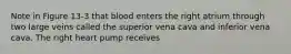 Note in Figure 13-3 that blood enters the right atrium through two large veins called the superior vena cava and inferior vena cava. The right heart pump receives