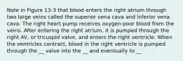 Note in Figure 13-3 that blood enters the right atrium through two large veins called the superior vena cava and inferior vena cava. The right heart pump receives oxygen-poor blood from the veins. After entering the right atrium, it is pumped through the right AV, or tricuspid valve, and enters the right ventricle. When the ventricles contract, blood in the right ventricle is pumped through the __ valve into the __ and eventually to __