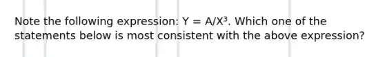 Note the following expression: Y = A/X³. Which one of the statements below is most consistent with the above expression?