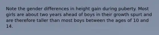 Note the gender differences in height gain during puberty. Most girls are about two years ahead of boys in their growth spurt and are therefore taller than most boys between the ages of 10 and 14.