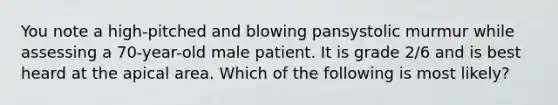 You note a high-pitched and blowing pansystolic murmur while assessing a 70-year-old male patient. It is grade 2/6 and is best heard at the apical area. Which of the following is most likely?