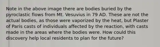 Note in the above image there are bodies buried by the pyroclastic flows from Mt. Vesuvius in 79 AD. These are not the actual bodies, as those were vaporized by the heat, but Plaster of Paris casts of individuals affected by the reaction, with casts made in the areas where the bodies were. How could this discovery help local residents to plan for the future?