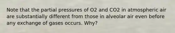 Note that the partial pressures of O2 and CO2 in atmospheric air are substantially different from those in alveolar air even before any exchange of gases occurs. Why?