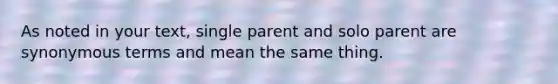 As noted in your text, single parent and solo parent are synonymous terms and mean the same thing.