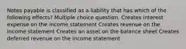 Notes payable is classified as a liability that has which of the following effects? Multiple choice question. Creates interest expense on the income statement Creates revenue on the income statement Creates an asset on the balance sheet Creates deferred revenue on the income statement