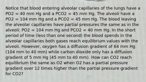 Notice that blood entering alveolar capillaries of the lungs have a PO2 = 40 mm Hg and a PCO2 = 45 mm Hg. The alveoli have a PO2 = 104 mm Hg and a PCO2 = 45 mm Hg. <a href='https://www.questionai.com/knowledge/k7oXMfj7lk-the-blood' class='anchor-knowledge'>the blood</a> leaving the alveolar capillaries have partial pressures the same as in the alveoli: PO2 = 104 mm Hg and PCO2 = 40 mm Hg. In the short period of time (<a href='https://www.questionai.com/knowledge/k7BtlYpAMX-less-than' class='anchor-knowledge'>less than</a> one second) the blood spends in the alveolar capillaries both gases reach equilibrium values with the alveoli. However, oxygen has a diffusion gradient of 64 mm Hg (104 mm to 40 mm) while carbon dioxide only has a diffusion gradient of 5 mm Hg (45 mm to 40 mm). How can CO2 reach equilibrium the same as O2 when O2 has a partial pressure gradient over 12 times higher than the partial pressure gradient for CO2?