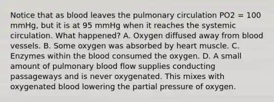 Notice that as blood leaves the pulmonary circulation PO2 = 100 mmHg, but it is at 95 mmHg when it reaches the systemic circulation. What happened? A. Oxygen diffused away from blood vessels. B. Some oxygen was absorbed by heart muscle. C. Enzymes within the blood consumed the oxygen. D. A small amount of pulmonary blood flow supplies conducting passageways and is never oxygenated. This mixes with oxygenated blood lowering the partial pressure of oxygen.