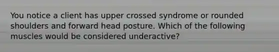 You notice a client has upper crossed syndrome or rounded shoulders and forward head posture. Which of the following muscles would be considered underactive?