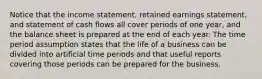 Notice that the income statement, retained earnings statement, and statement of cash flows all cover periods of one year, and the balance sheet is prepared at the end of each year. The time period assumption states that the life of a business can be divided into artificial time periods and that useful reports covering those periods can be prepared for the business.