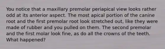 You notice that a maxillary premolar periapical view looks rather odd at its anterior aspect. The most apical portion of the canine root and the first premolar root look stretched out, like they were made of rubber and you pulled on them. The second premolar and the first molar look fine, as do all the crowns of the teeth. What happened?