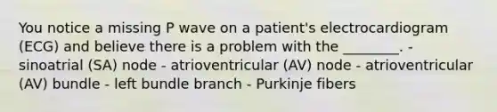 You notice a missing P wave on a patient's electrocardiogram (ECG) and believe there is a problem with the ________. - sinoatrial (SA) node - atrioventricular (AV) node - atrioventricular (AV) bundle - left bundle branch - Purkinje fibers