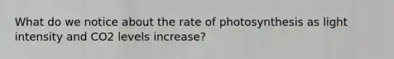 What do we notice about the rate of photosynthesis as light intensity and CO2 levels increase?