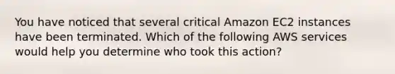 You have noticed that several critical Amazon EC2 instances have been terminated. Which of the following AWS services would help you determine who took this action?