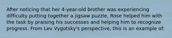 After noticing that her 4-year-old brother was experiencing difficulty putting together a jigsaw puzzle, Rose helped him with the task by praising his successes and helping him to recognize progress. From Lev Vygotsky's perspective, this is an example of: