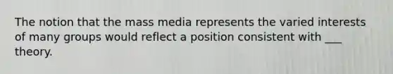 The notion that the mass media represents the varied interests of many groups would reflect a position consistent with ___ theory.