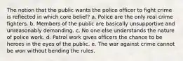 The notion that the public wants the police officer to fight crime is reflected in which core belief? a. Police are the only real crime fighters. b. Members of the public are basically unsupportive and unreasonably demanding. c. No one else understands the nature of police work. d. Patrol work gives officers the chance to be heroes in the eyes of the public. e. The war against crime cannot be won without bending the rules.