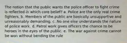 The notion that the public wants the police officer to fight crime is reflected in which core belief? a. Police are the only real crime fighters. b. Members of the public are basically unsupportive and unreasonably demanding. c. No one else understands the nature of police work. d. Patrol work gives officers the chance to be heroes in the eyes of the public. e. The war against crime cannot be won without bending the rule