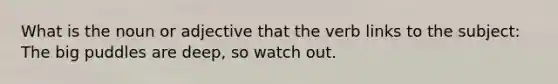 What is the noun or adjective that the verb links to the subject: The big puddles are deep, so watch out.