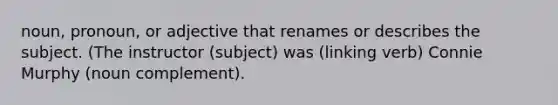 noun, pronoun, or adjective that renames or describes the subject. (The instructor (subject) was (linking verb) Connie Murphy (noun complement).