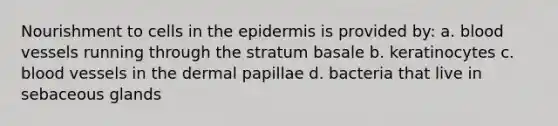 Nourishment to cells in the epidermis is provided by: a. blood vessels running through the stratum basale b. keratinocytes c. blood vessels in the dermal papillae d. bacteria that live in sebaceous glands