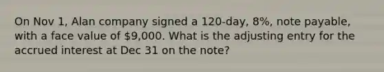 On Nov 1, Alan company signed a 120-day, 8%, note payable, with a face value of 9,000. What is the adjusting entry for the accrued interest at Dec 31 on the note?