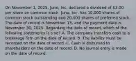 On November​ 1, 2025,​ Juno, Inc. declared a dividend of​ 3.00 per share on common stock.​ Juno, Inc. has​ 10,000 shares of common stock outstanding and​ 20,000 shares of preferred stock. The date of record is November​ 15, and the payment date is November​ 30, 2025. Regarding the date of​ record, which of the following statements is​ true? A. The company transfers cash to a brokerage firm on the date of record. B. The liability must be recorded on the date of record .C. Cash is disbursed to shareholders on the date of record. D. No journal entry is made on the date of record.