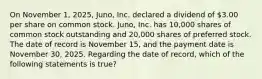 On November 1, 2025, Juno, Inc. declared a dividend of 3.00 per share on common stock. Juno, Inc. has 10,000 shares of common stock outstanding and 20,000 shares of preferred stock. The date of record is November 15, and the payment date is November 30, 2025. Regarding the date of record, which of the following statements is true?