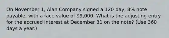 On November 1, Alan Company signed a 120-day, 8% note payable, with a face value of 9,000. What is the adjusting entry for the accrued interest at December 31 on the note? (Use 360 days a year.)