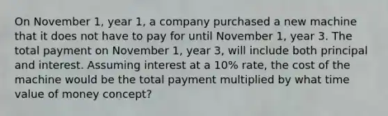 On November 1, year 1, a company purchased a new machine that it does not have to pay for until November 1, year 3. The total payment on November 1, year 3, will include both principal and interest. Assuming interest at a 10% rate, the cost of the machine would be the total payment multiplied by what time value of money concept?