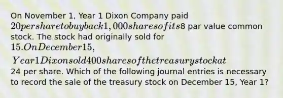 On November 1, Year 1 Dixon Company paid 20 per share to buy back 1,000 shares of its8 par value common stock. The stock had originally sold for 15. On December 15, Year 1 Dixon sold 400 shares of the treasury stock at24 per share. Which of the following journal entries is necessary to record the sale of the treasury stock on December 15, Year 1?