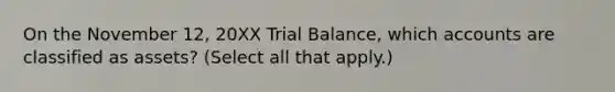 On the November 12, 20XX Trial Balance, which accounts are classified as assets? (Select all that apply.)