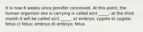 It is now 6 weeks since Jennifer conceived. At this point, the human organism she is carrying is called a(n) _____; at the third month it will be called a(n) _____. a) embryo; zygote b) zygote; fetus c) fetus; embryo d) embryo; fetus