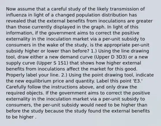 Now assume that a careful study of the likely transmission of influenza in light of a changed population distribution has revealed that the external benefits from inoculations are greater than those currently displayed in the graph. In light of this​ information, if the government aims to correct the positive externality in the inoculation market via a​ per-unit subsidy to consumers in the wake of the​ study, is the appropriate​ per-unit subsidy higher or lower than​ before? ​1.) Using the line drawing​ tool, draw either a new demand curve ​(Upper D 3D3​) or a new supply curve ​(Upper S 1S1​) that shows how higher external benefits from inoculations affect the market for this good. Properly label your line. ​2.) Using the point drawing tool​, indicate the new equilibrium price and quantity. Label this point ​'E3​.' Carefully follow the instructions​ above, and only draw the required objects. If the government aims to correct the positive externality in the inoculation market via a​ per-unit subsidy to​ consumers, the​ per-unit subsidy would need to be higher than before the study because the study found the external benefits to be higher .