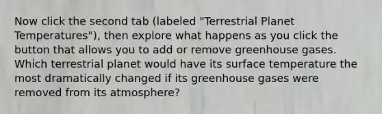 Now click the second tab (labeled "Terrestrial Planet Temperatures"), then explore what happens as you click the button that allows you to add or remove greenhouse gases. Which terrestrial planet would have its surface temperature the most dramatically changed if its greenhouse gases were removed from its atmosphere?