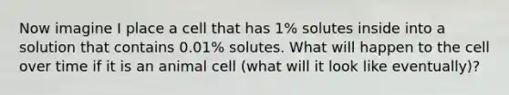 Now imagine I place a cell that has 1% solutes inside into a solution that contains 0.01% solutes. What will happen to the cell over time if it is an animal cell (what will it look like eventually)?