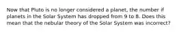 Now that Pluto is no longer considered a planet, the number if planets in the Solar System has dropped from 9 to 8. Does this mean that the nebular theory of the Solar System was incorrect?