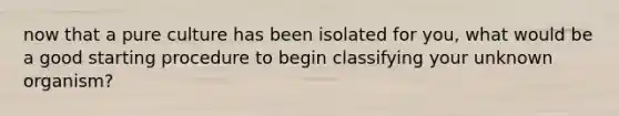 now that a pure culture has been isolated for you, what would be a good starting procedure to begin classifying your unknown organism?