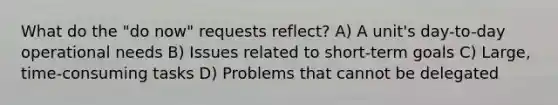 What do the "do now" requests reflect? A) A unit's day-to-day operational needs B) Issues related to short-term goals C) Large, time-consuming tasks D) Problems that cannot be delegated