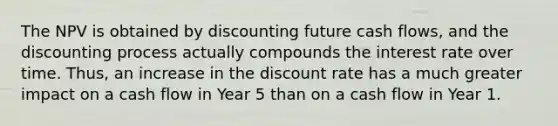 The NPV is obtained by discounting future cash flows, and the discounting process actually compounds the interest rate over time. Thus, an increase in the discount rate has a much greater impact on a cash flow in Year 5 than on a cash flow in Year 1.