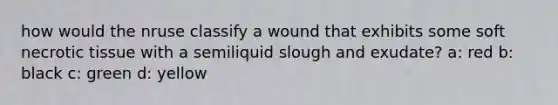 how would the nruse classify a wound that exhibits some soft necrotic tissue with a semiliquid slough and exudate? a: red b: black c: green d: yellow