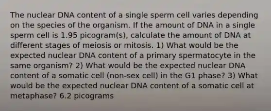 The nuclear DNA content of a single sperm cell varies depending on the species of the organism. If the amount of DNA in a single sperm cell is 1.95 picogram(s), calculate the amount of DNA at different stages of meiosis or mitosis. 1) What would be the expected nuclear DNA content of a primary spermatocyte in the same organism? 2) What would be the expected nuclear DNA content of a somatic cell (non-sex cell) in the G1 phase? 3) What would be the expected nuclear DNA content of a somatic cell at metaphase? 6.2 picograms