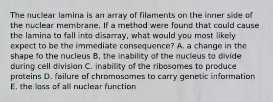 The nuclear lamina is an array of filaments on the inner side of the nuclear membrane. If a method were found that could cause the lamina to fall into disarray, what would you most likely expect to be the immediate consequence? A. a change in the shape fo the nucleus B. the inability of the nucleus to divide during cell division C. inability of the ribosomes to produce proteins D. failure of chromosomes to carry genetic information E. the loss of all nuclear function