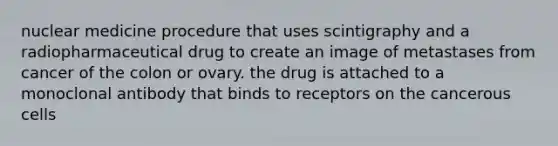 nuclear medicine procedure that uses scintigraphy and a radiopharmaceutical drug to create an image of metastases from cancer of the colon or ovary. the drug is attached to a monoclonal antibody that binds to receptors on the cancerous cells