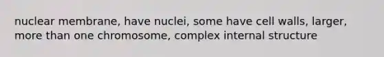 nuclear membrane, have nuclei, some have cell walls, larger, more than one chromosome, complex internal structure
